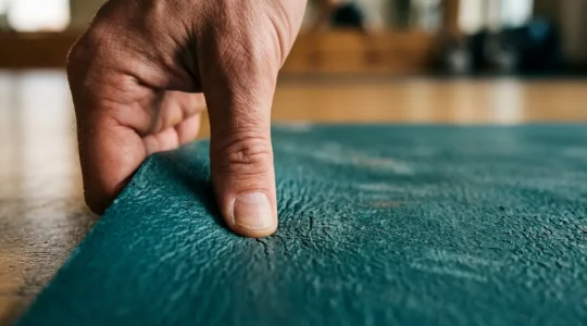 Close-up of hands pressing into worn yoga mat surface showing degradation and chemical off-gassing concept