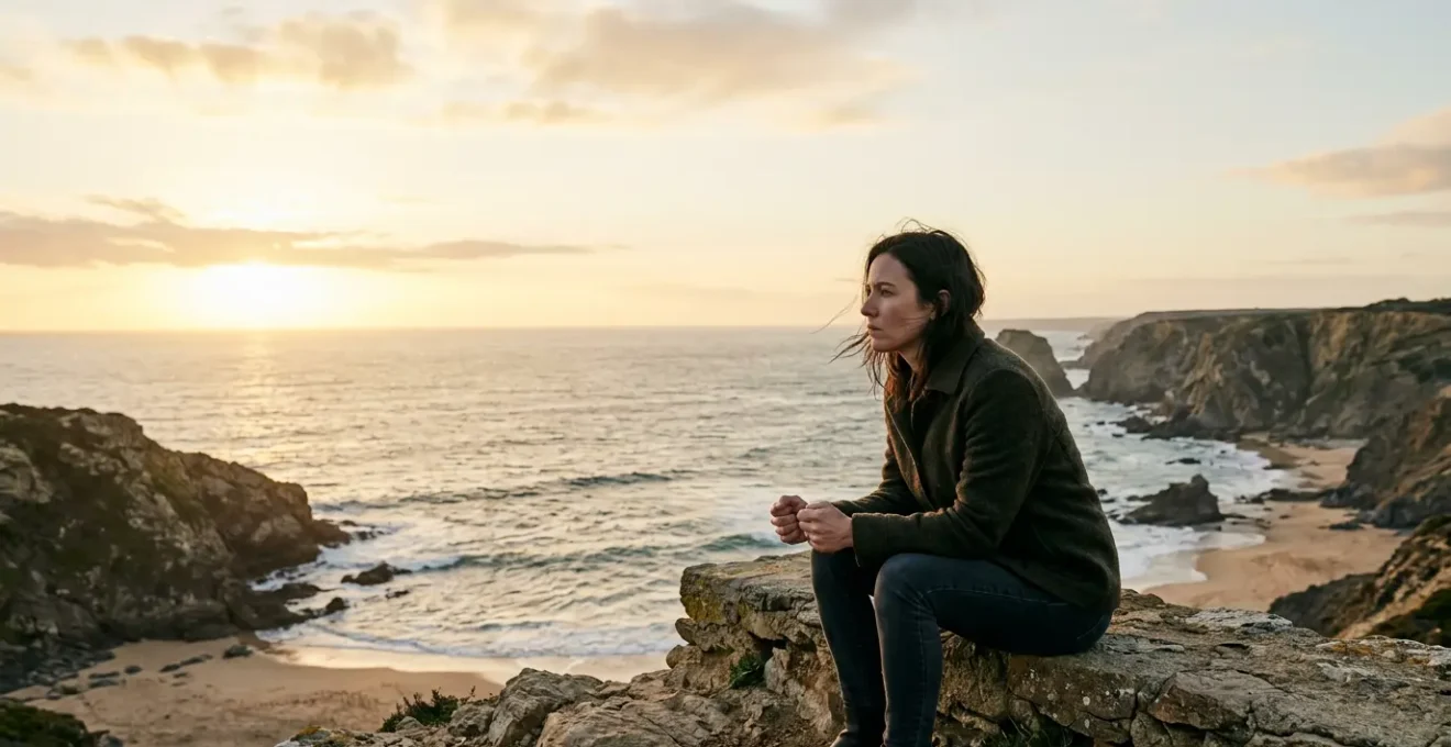 Person experiencing paradoxical tension during attempted relaxation in natural setting
