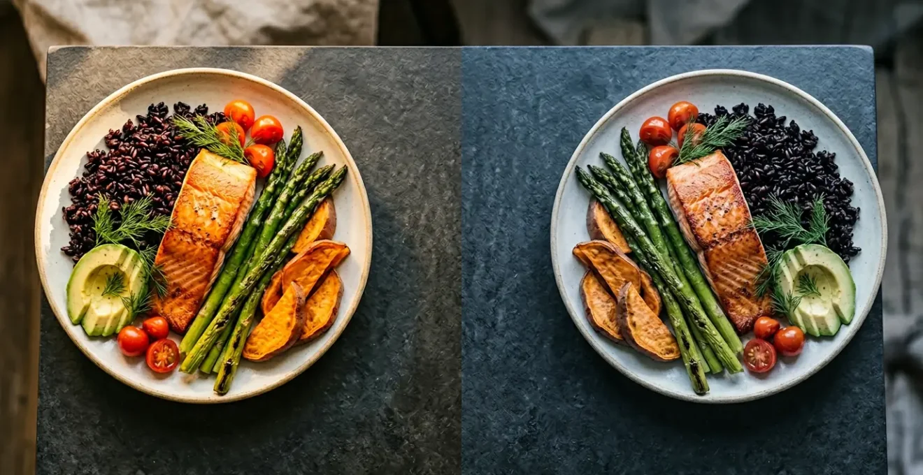 Two identical healthy meal plates side by side showing the complexity of individual nutritional response beyond calorie counting