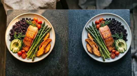 Two identical healthy meal plates side by side showing the complexity of individual nutritional response beyond calorie counting