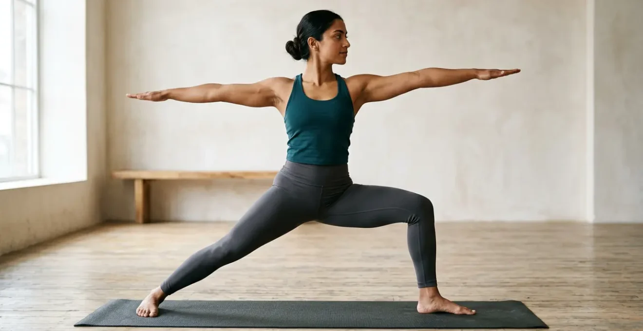 Yoga practitioner demonstrating Warrior II pose with focus on leg alignment and stability