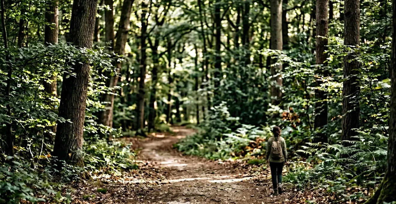 A person walking mindfully on a forest path with dappled sunlight, embodying the transition from sitting meditation to movement practice