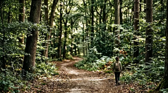 A person walking mindfully on a forest path with dappled sunlight, embodying the transition from sitting meditation to movement practice