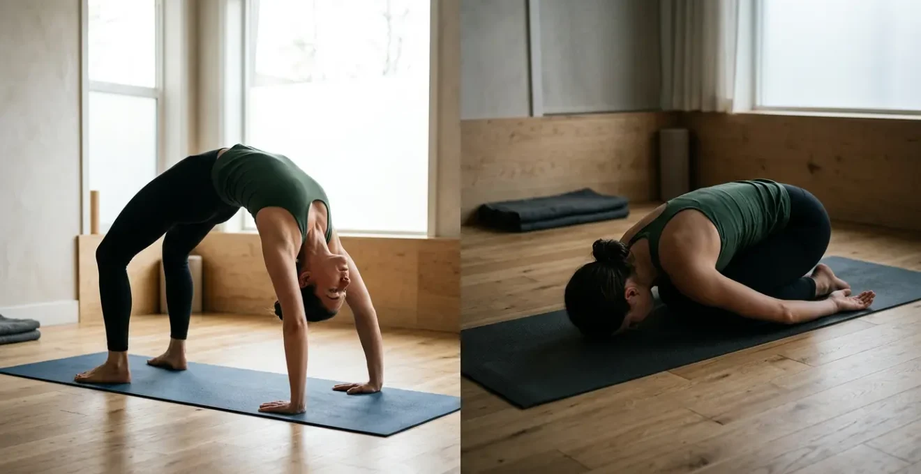 Two contrasting states of energy in yoga practice shown through body language and environment