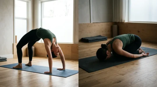 Two contrasting states of energy in yoga practice shown through body language and environment