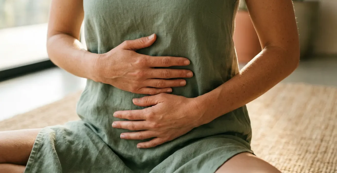 Abstract visualization of the gut-brain connection through yoga practice and microbiome health