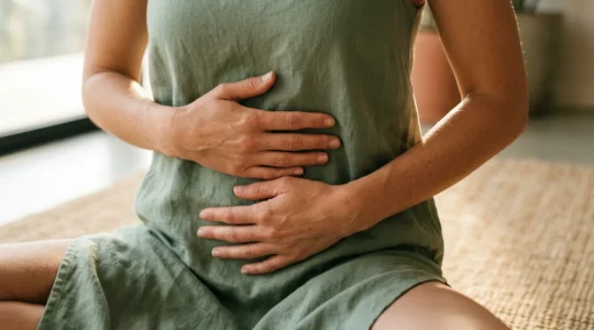 Abstract visualization of the gut-brain connection through yoga practice and microbiome health