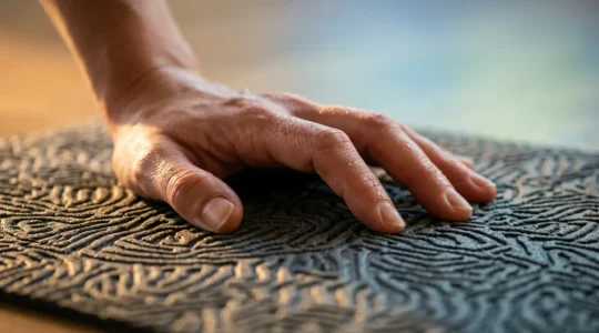 Close-up of hands gripping yoga mat surface showing moisture interaction and texture detail