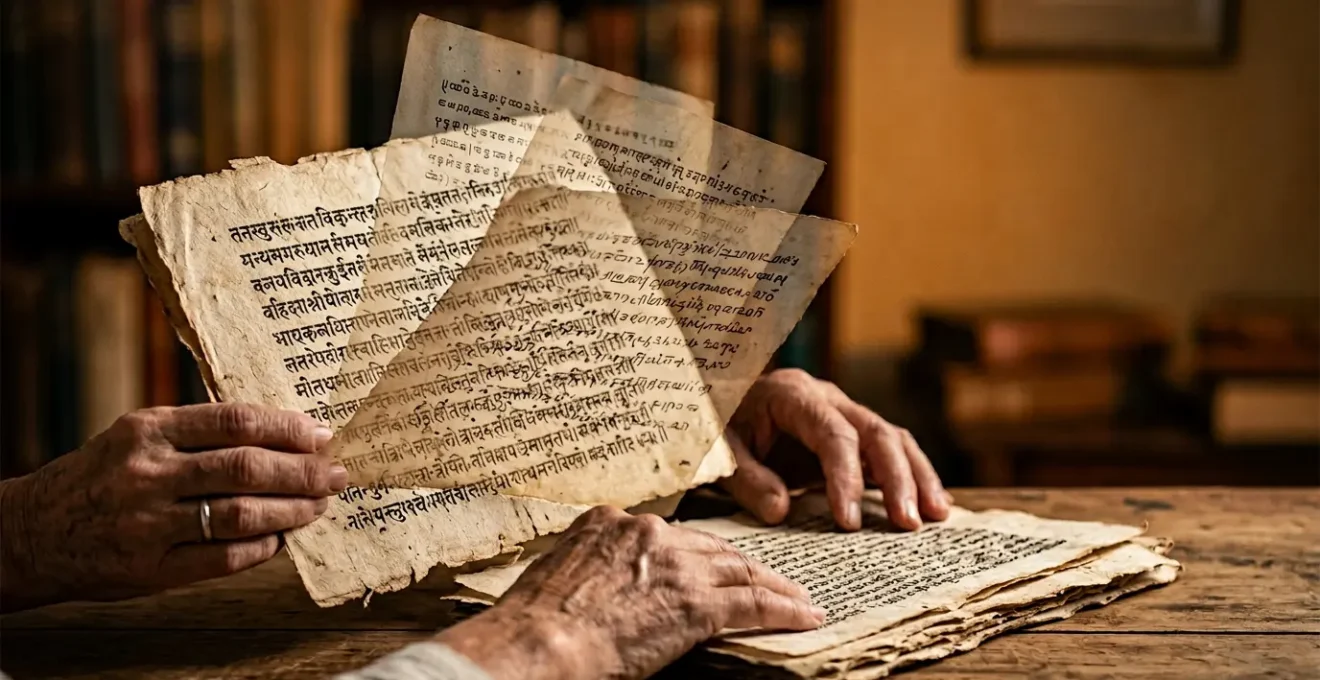 Ancient Sanskrit texts of Patanjali's Yoga Sutras with multiple translation interpretations