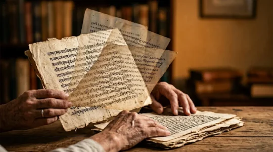Ancient Sanskrit texts of Patanjali's Yoga Sutras with multiple translation interpretations