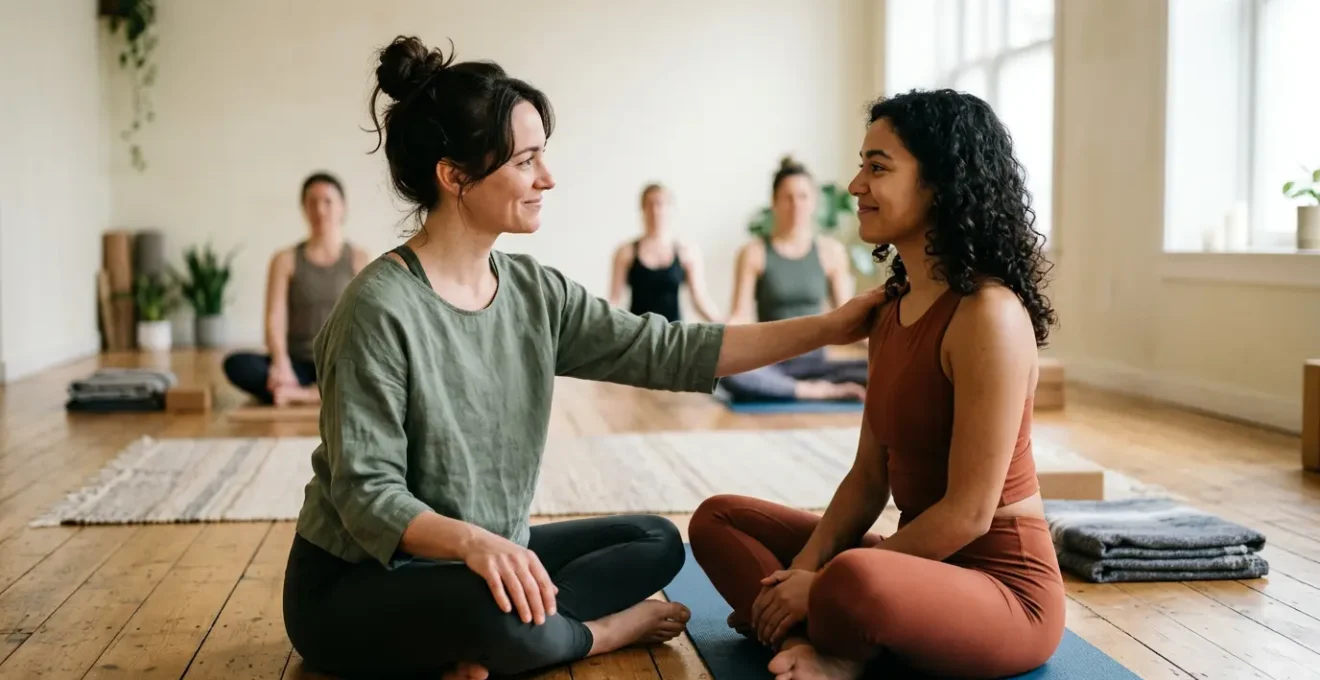 Authentic yoga teaching moment showing genuine human connection and presence