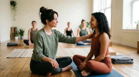 Authentic yoga teaching moment showing genuine human connection and presence