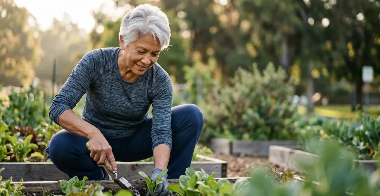 Active older adult demonstrating natural movement and posture during daily activity showing maintained mobility
