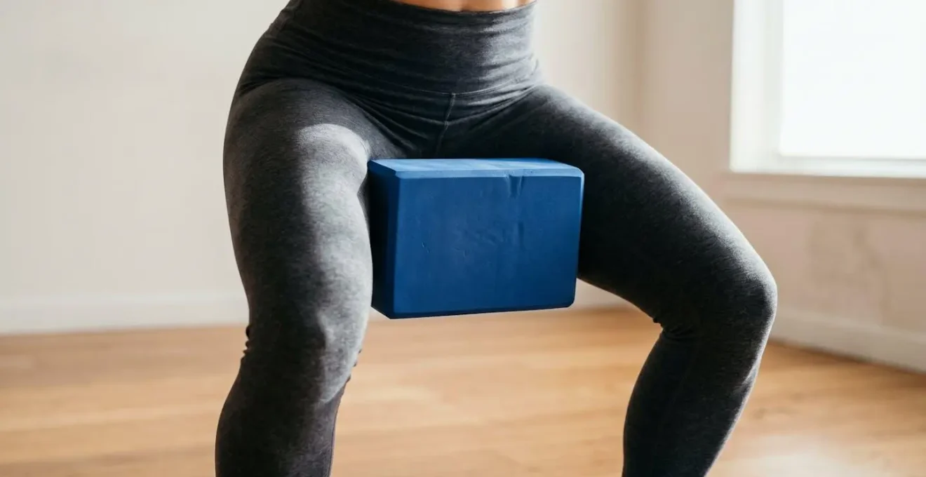 Mid-section view of practitioner squeezing block between inner thighs during chair pose