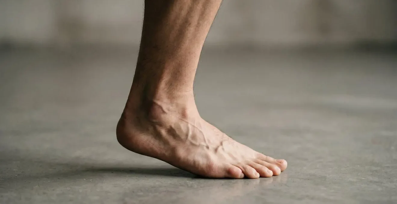 Side view of ankle and foot during single-leg balance test showing stabilizing muscle activation