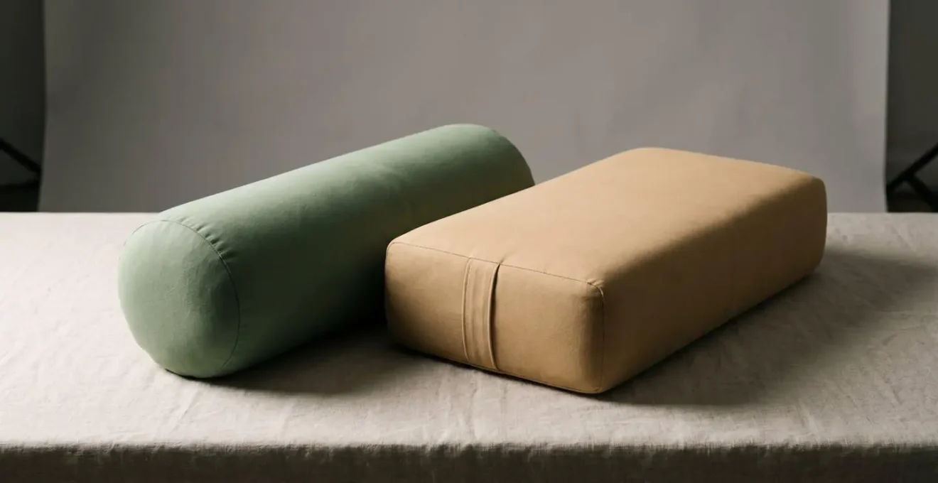 Close-up comparison of cylindrical and rectangular yoga bolster shapes showing their distinct surface contact areas and structural differences