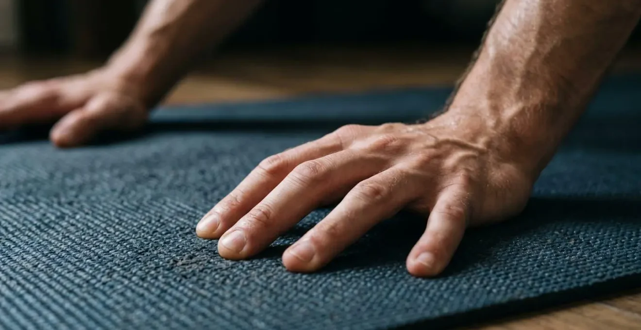 Close-up of human hands gripping yoga mat during a challenging pose showing physical tension and mental focus