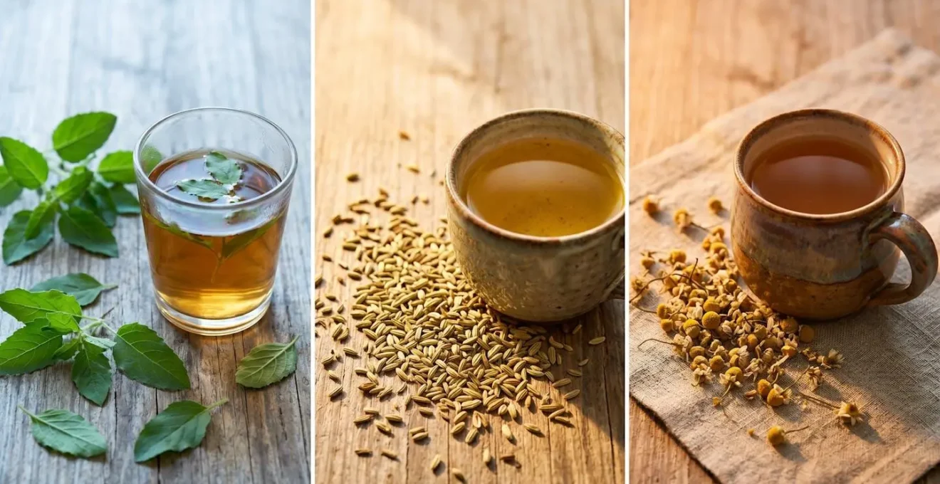Three distinct moments of tea preparation showing morning, afternoon, and evening herbal infusions in natural light