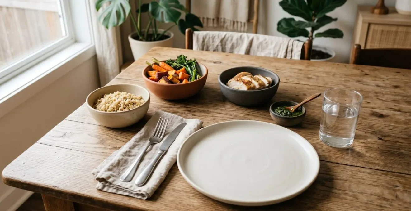 Wide shot of a minimalist table setting with meal components served in separate small bowls