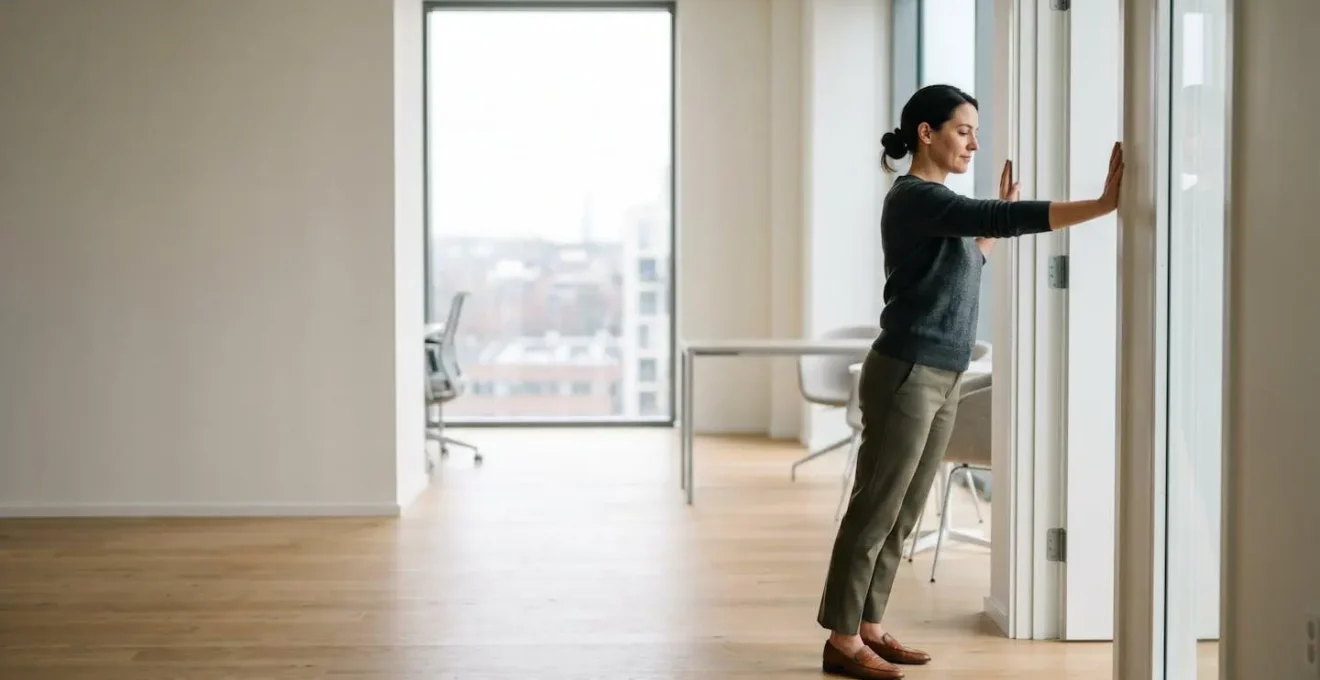 Office worker using wall corner for targeted pectoral muscle release during work break