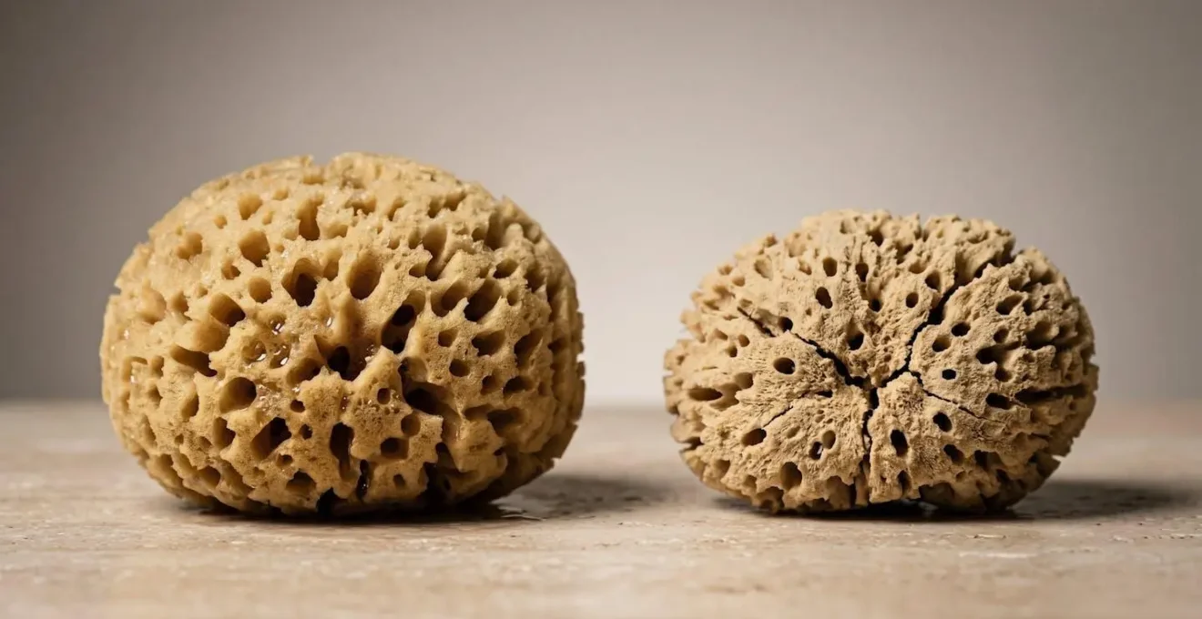 Side-by-side comparison of hydrated versus dehydrated natural sponge texture representing cartilage states