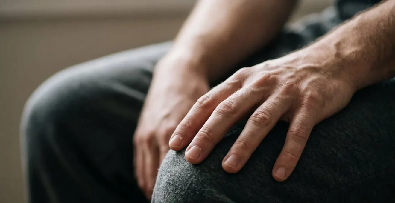 Close-up macro detail of hands and subtle body language expressing deep fatigue and disconnection