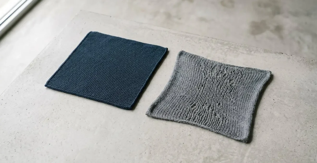 Side-by-side macro comparison of high-quality dense knit versus low-quality thin fabric structure