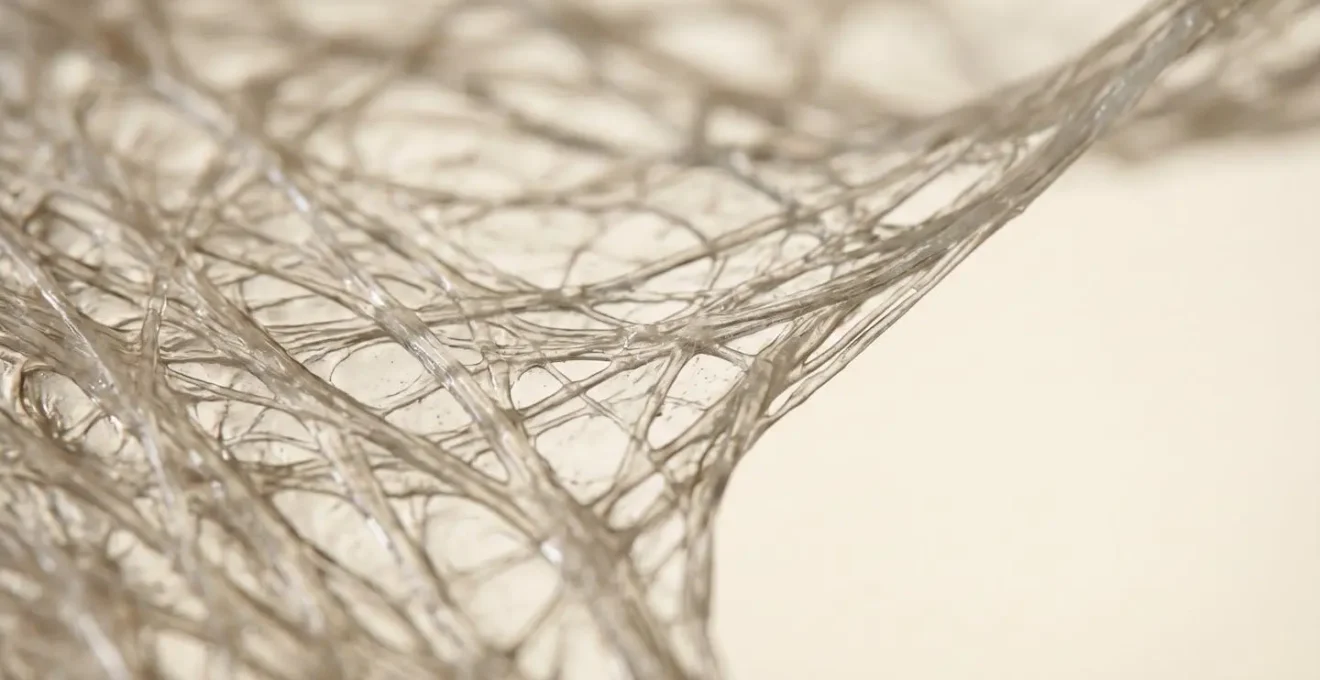 Detailed macro view of fascial connective tissue structure showing fibrous network and cellular components under natural light