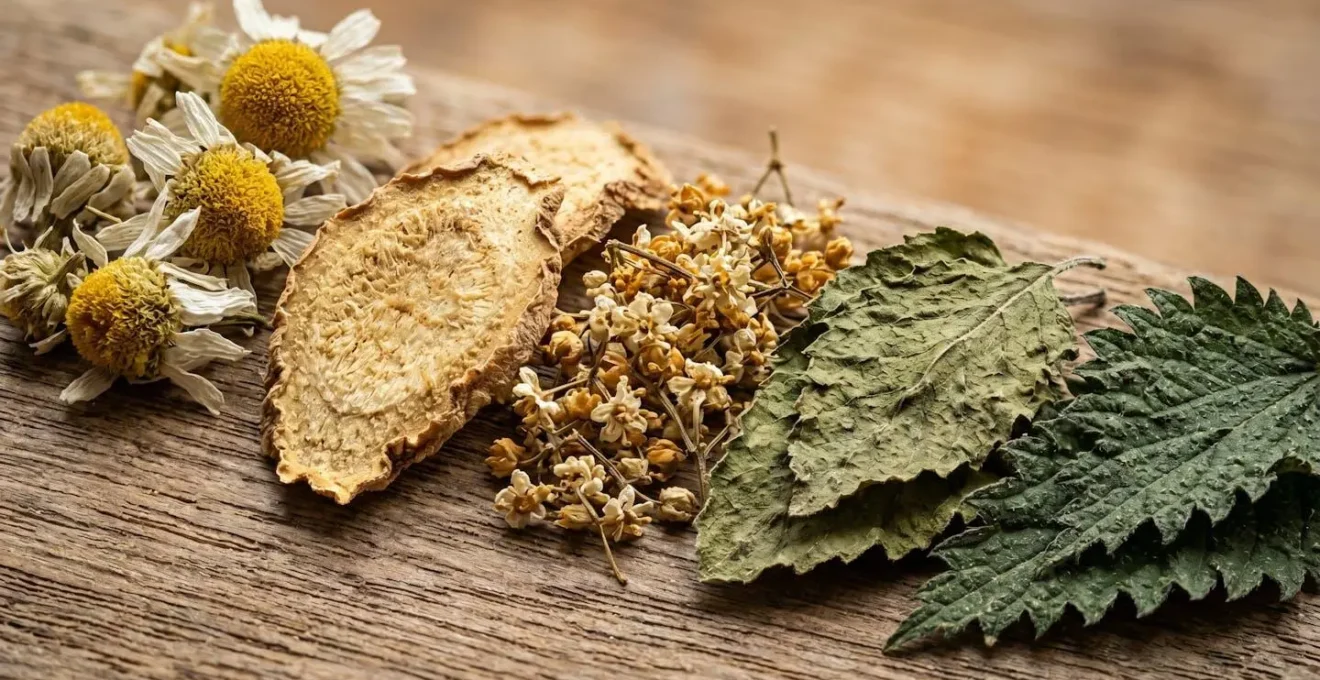 Extreme close-up of five different dried herbal specimens showing intricate textures and natural colors