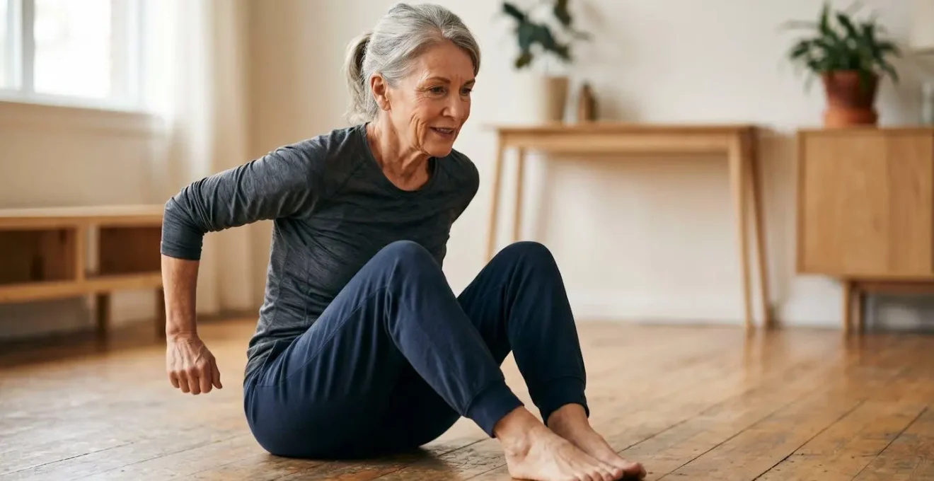 A person in their 60s gracefully rising from a seated position on the floor without using their hands for support, demonstrating excellent functional strength.