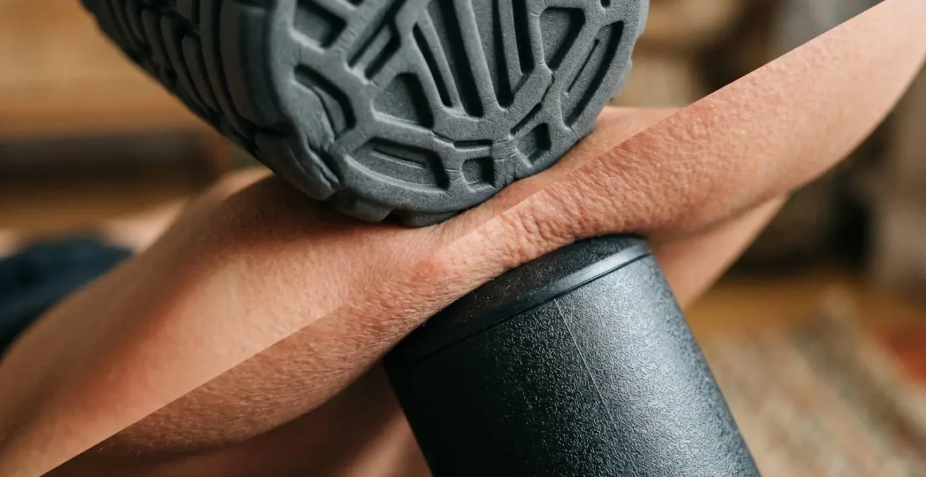 Close-up comparison of foam roller and massage gun pressure application on muscle tissue