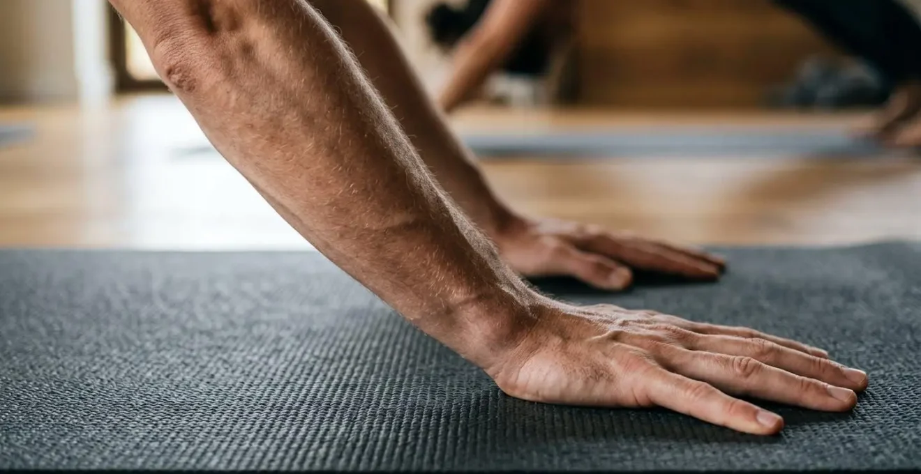 Close-up view of forearms and core engagement in modified yoga plank position without wrist pressure