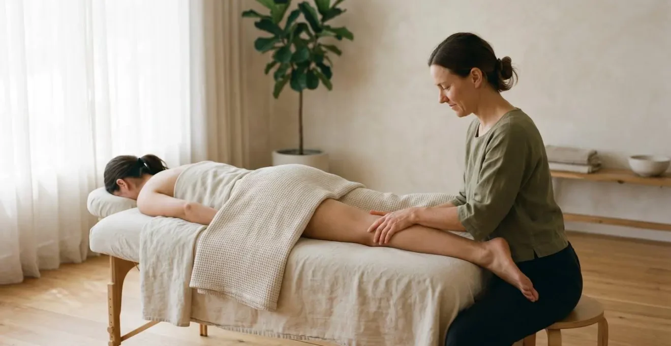 Environmental wide shot showing serene bodywork setting with soft natural light and clean minimalist composition emphasizing space and tranquility