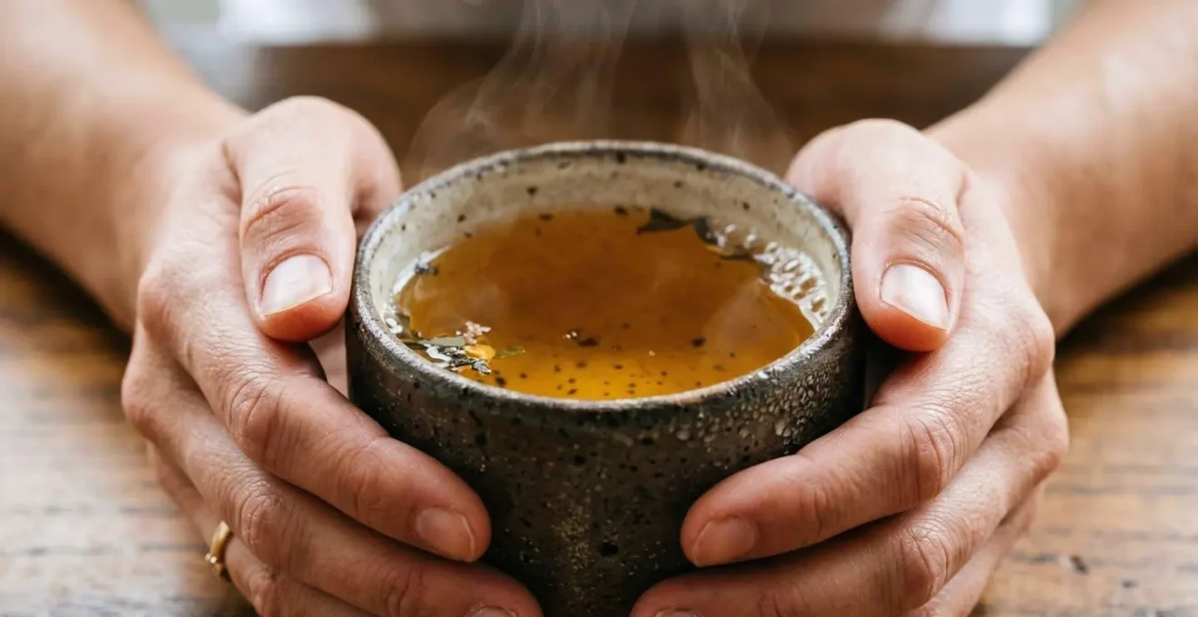 Close-up photograph of hands gently holding a warm ceramic tea cup with steam rising in soft natural light