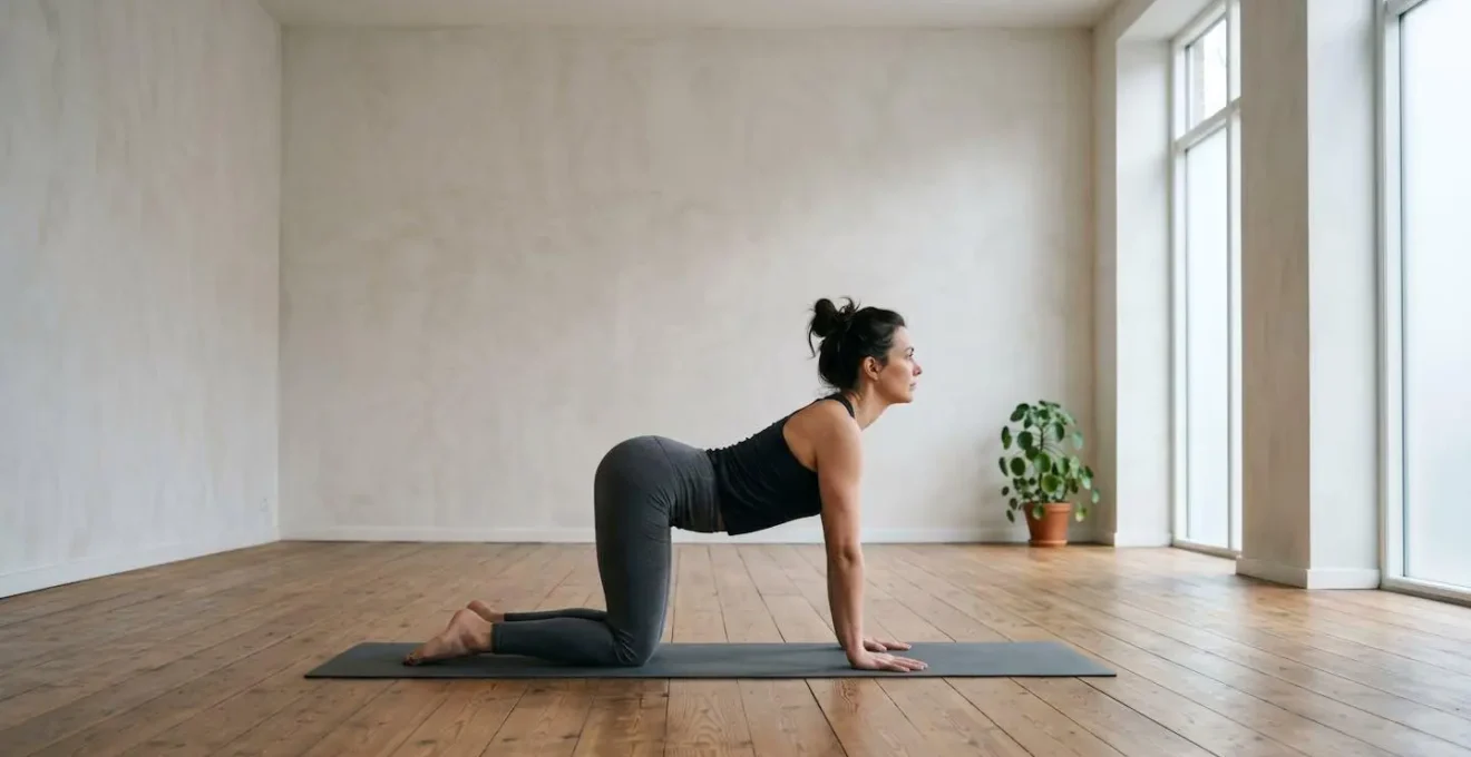 Wide environmental shot of a serene yoga space showing the five essential spinal movements through minimalist composition