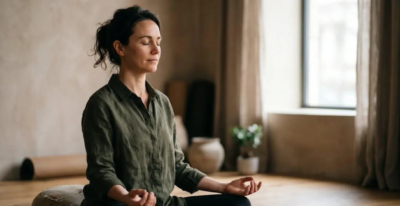 Person in contemplative yoga posture showing emotional presence and focused interoceptive awareness during advanced breathing practice