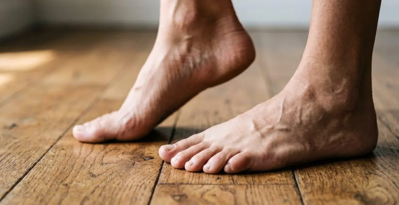 Close-up detail of bare feet on wooden floor with subtle weight shift, capturing the essence of stationary walking meditation