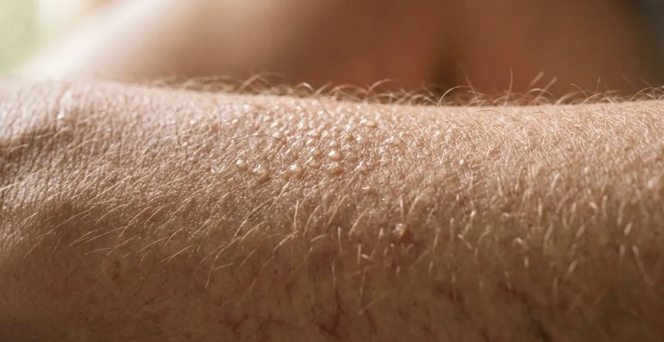 Extreme close-up of human skin showing physiological response during breathing practice with visible texture and micro-perspiration