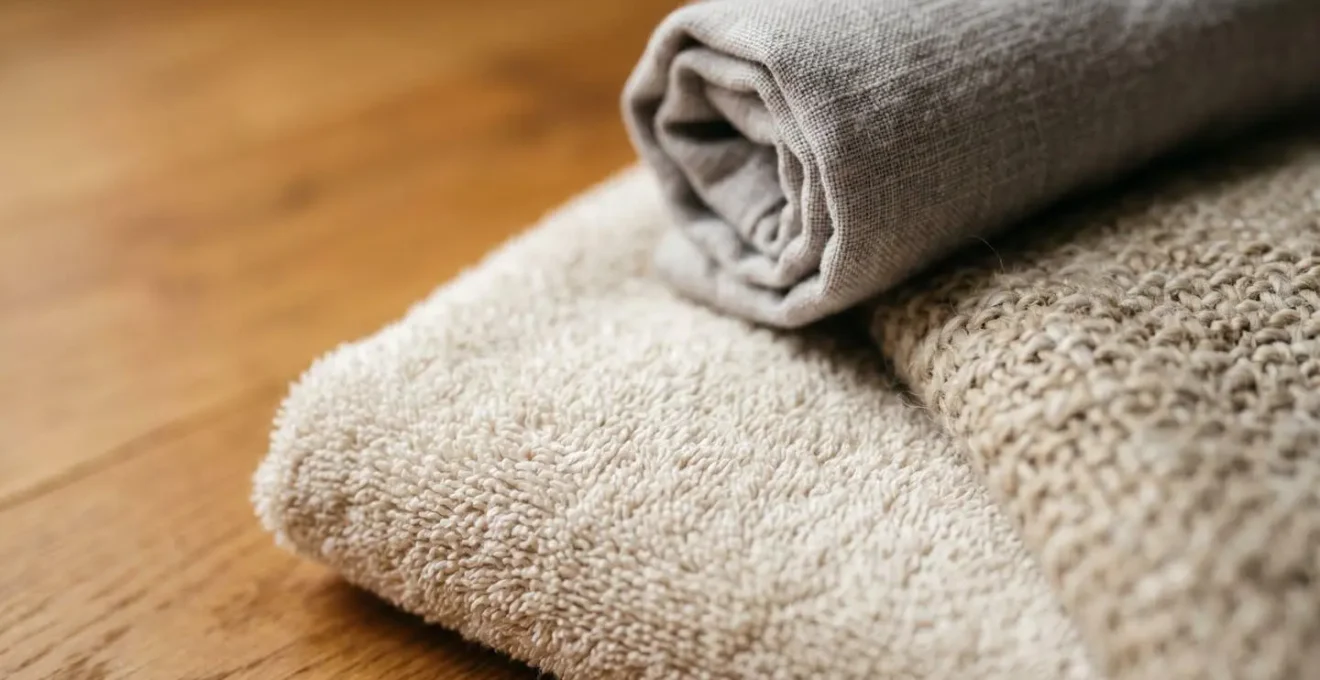 Close-up detail of folded household textiles creating subtle support layers for restorative yoga practice
