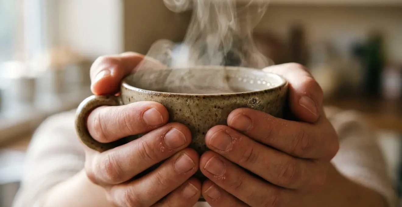 Close-up macro view of hands mindfully preparing tea, showing a tactile wellness practice