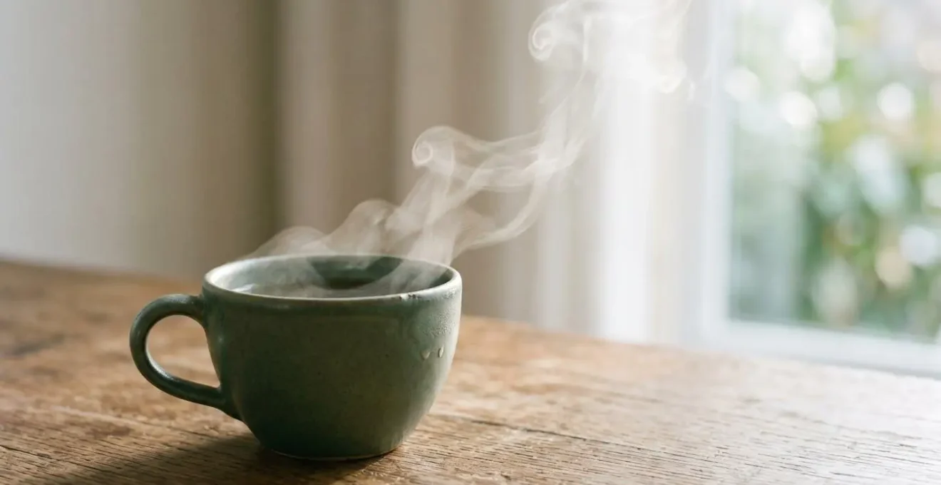 A close-up view of steam rising from a ceramic tea cup in warm natural light, representing the mindful integration of meditation into everyday rituals