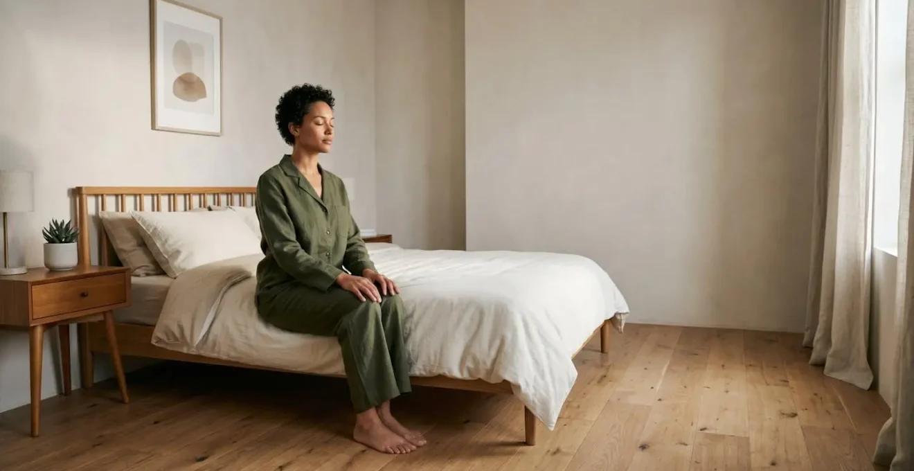 Environmental wide shot of a person sitting on the edge of a bed in morning light practicing mindful breathing in a minimalist bedroom