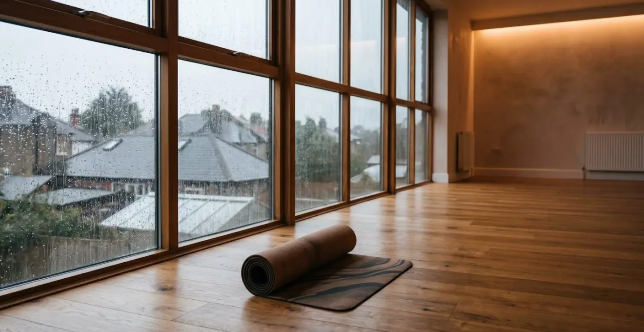 Environmental context showing yoga mat materials in cool damp UK climate transitioning to heated studio
