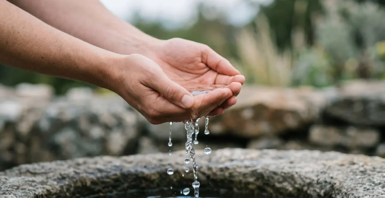 Symbolic representation of tension and release through a pair of hands gently cupping water that is spilling through the fingers.