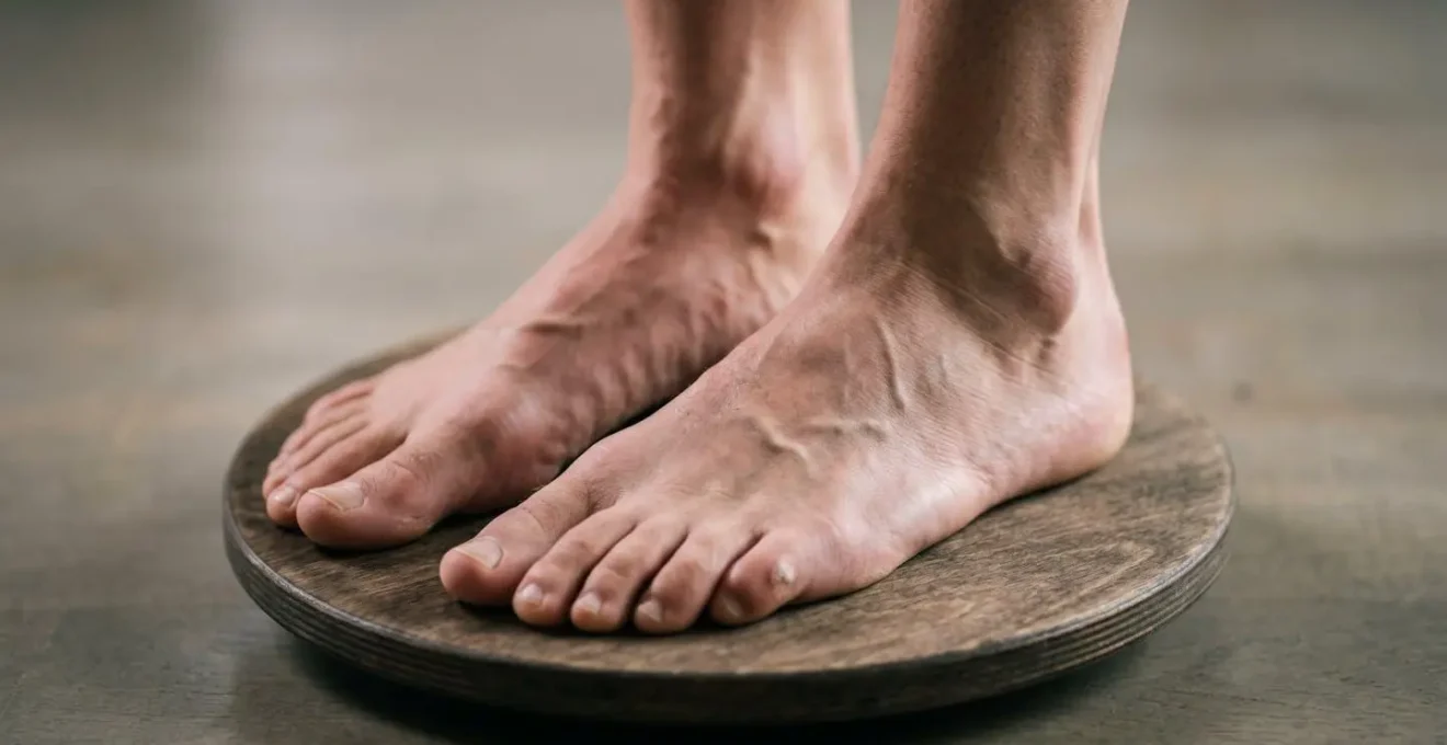 Close-up of bare feet on wobble board showing active muscle engagement and balance adjustment