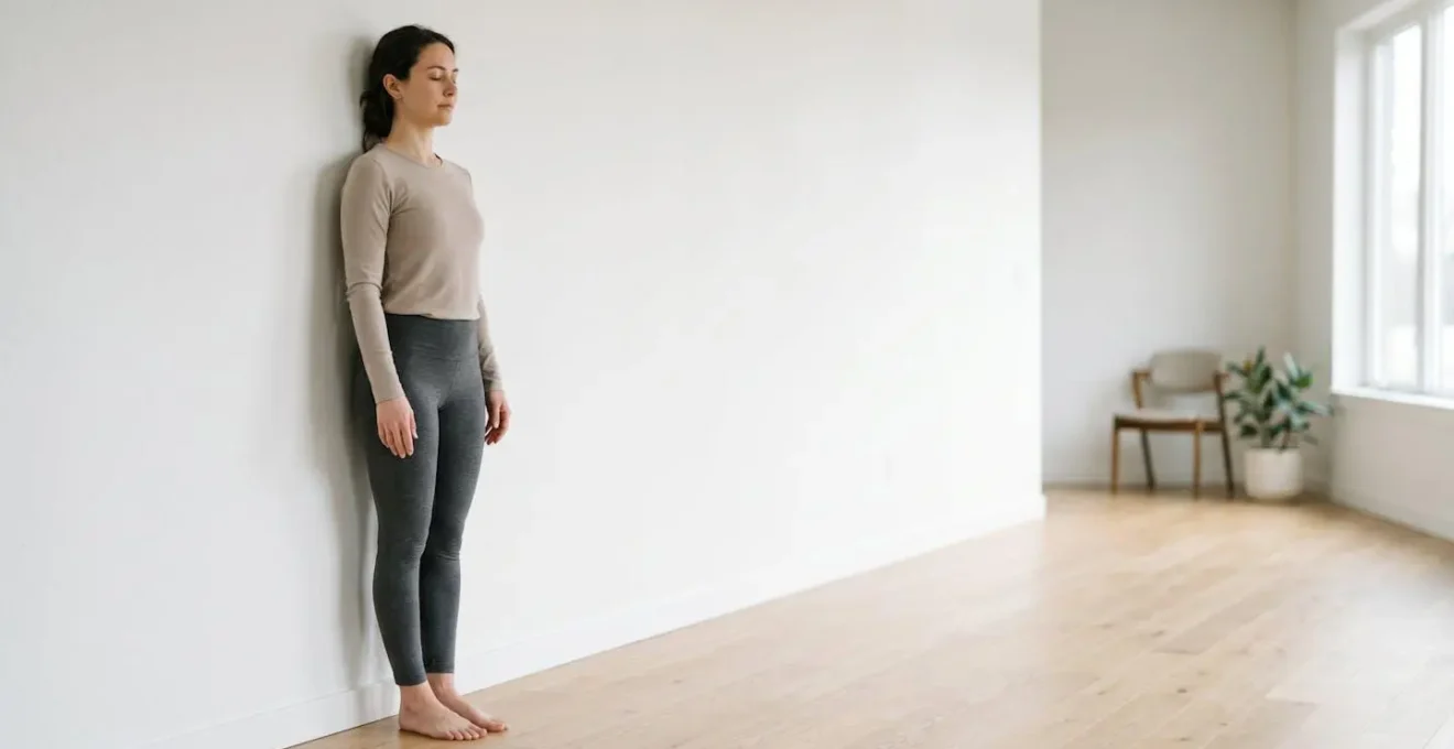 Person standing against wall performing spinal alignment body scan exercise with eyes closed