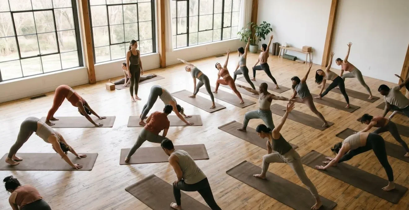 Yoga instructor observing students with focused attention during class