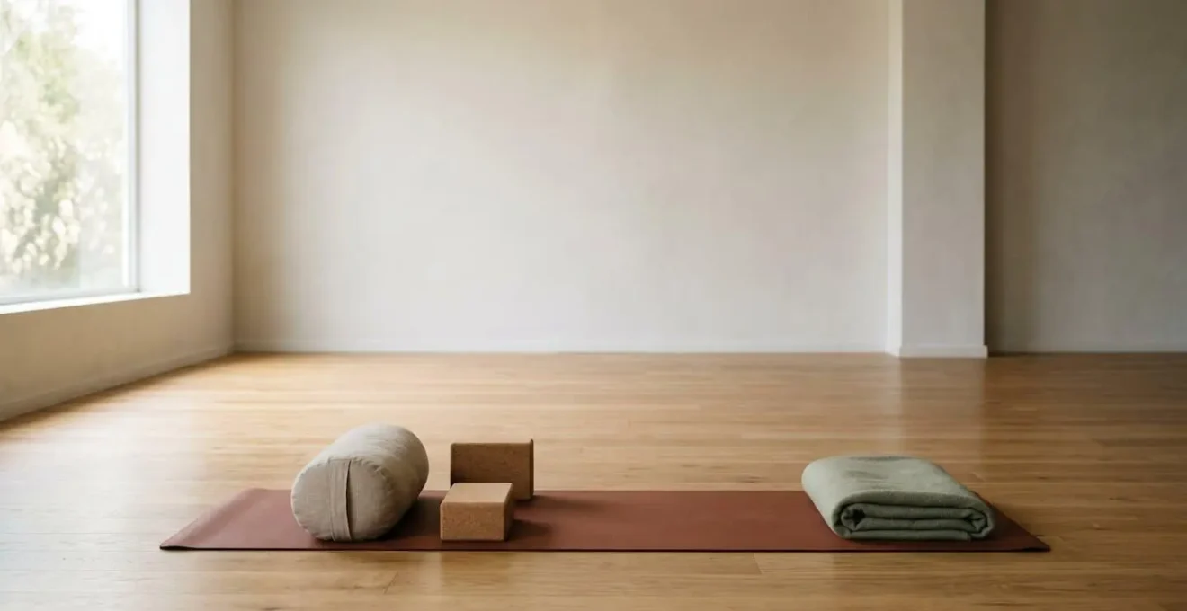 Peaceful arrangement of yoga props including bolsters, blocks, and blankets suggesting restorative practice and self-care during pregnancy