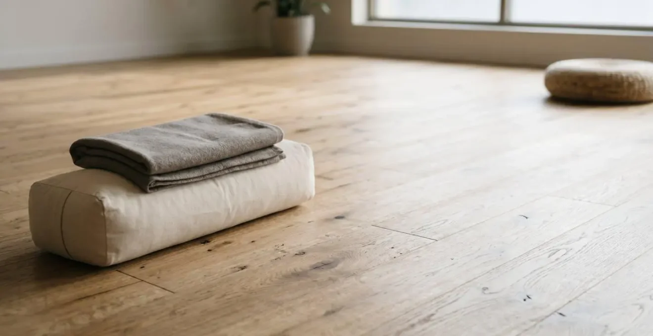 Wide minimalist composition of an empty restorative yoga setup with a bolster and blanket on a quiet studio floor bathed in soft natural light