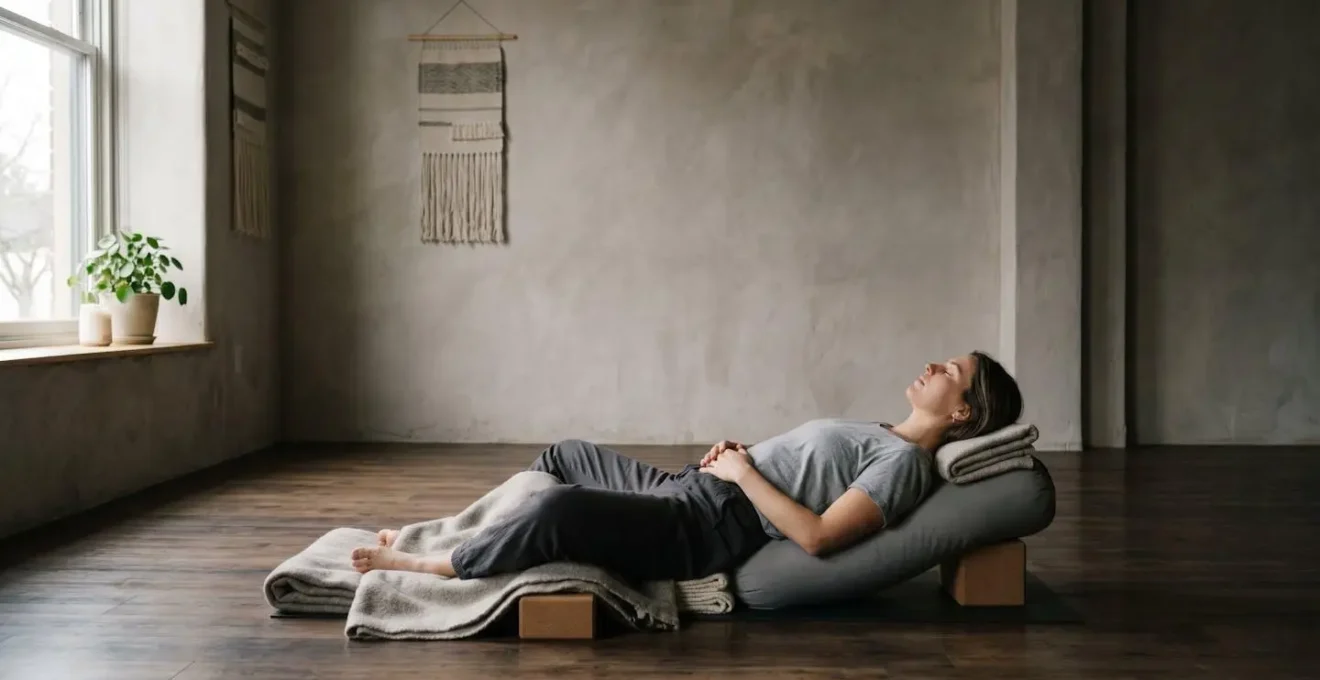 Restorative yoga practice with body supported by props in calm studio environment